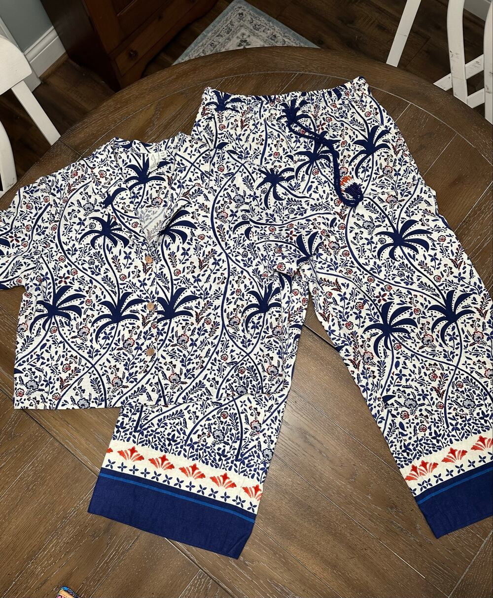 EUC Joie MIXED SZ SET Linen Batik Palm Leaf Tropical Crop Top Drawstring Pants
